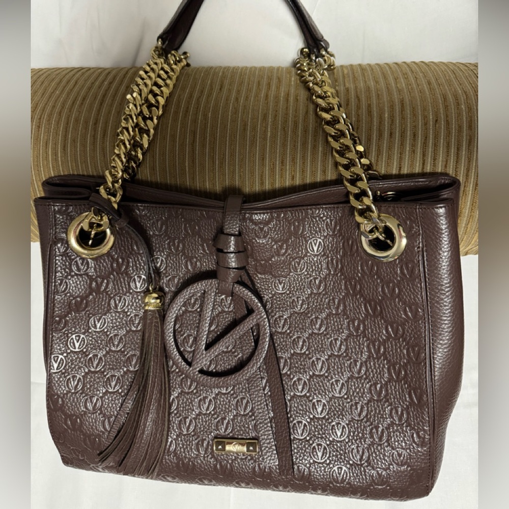 Valentino By Mario Valentino Brown and Gold Embossed Shoulder Bag